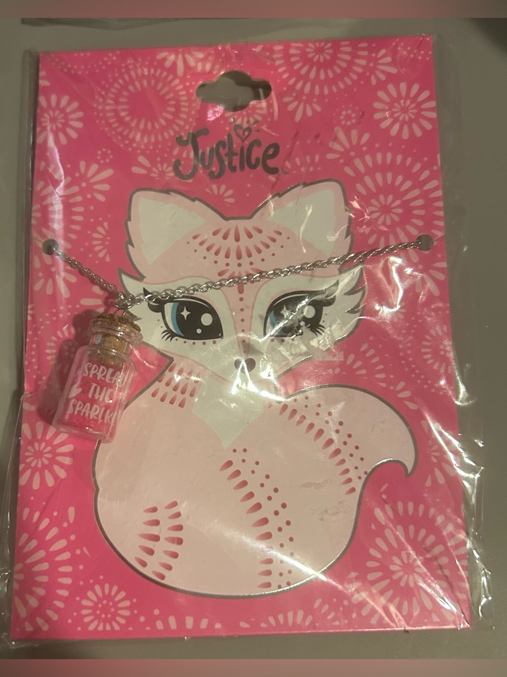Justice Girls Pink Glitter Bottle Charm Necklace Spread The Sparkle Fox NWT